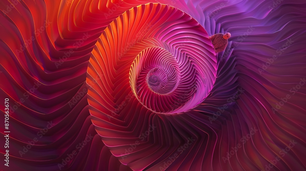 Poster abstract spiral with geometric shapes in neon pink and violet create an optical illusion against a p