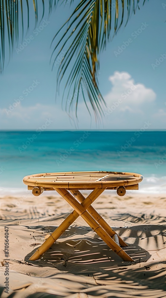 Poster serene bamboo table on tropical beach with calm ocean backdrop for product display