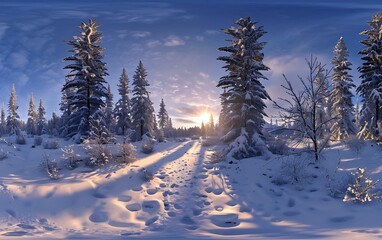 Winter landscape with snow covered trees and sun in the blue sky.