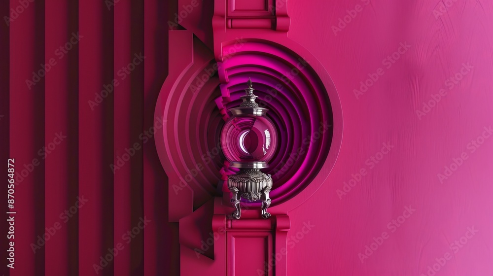 Poster abstract spiral with geometric shapes in neon pink and violet create an optical illusion against a p