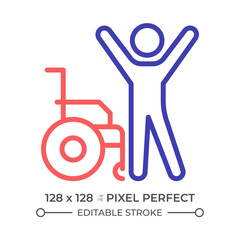 Patient recovery two color line icon. Physical therapy, hospital discharge. Illness rehabilitation bicolor outline symbol. Duotone linear pictogram. Isolated illustration. Editable stroke