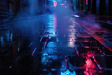 Wet City Street at Night with Neon Lights