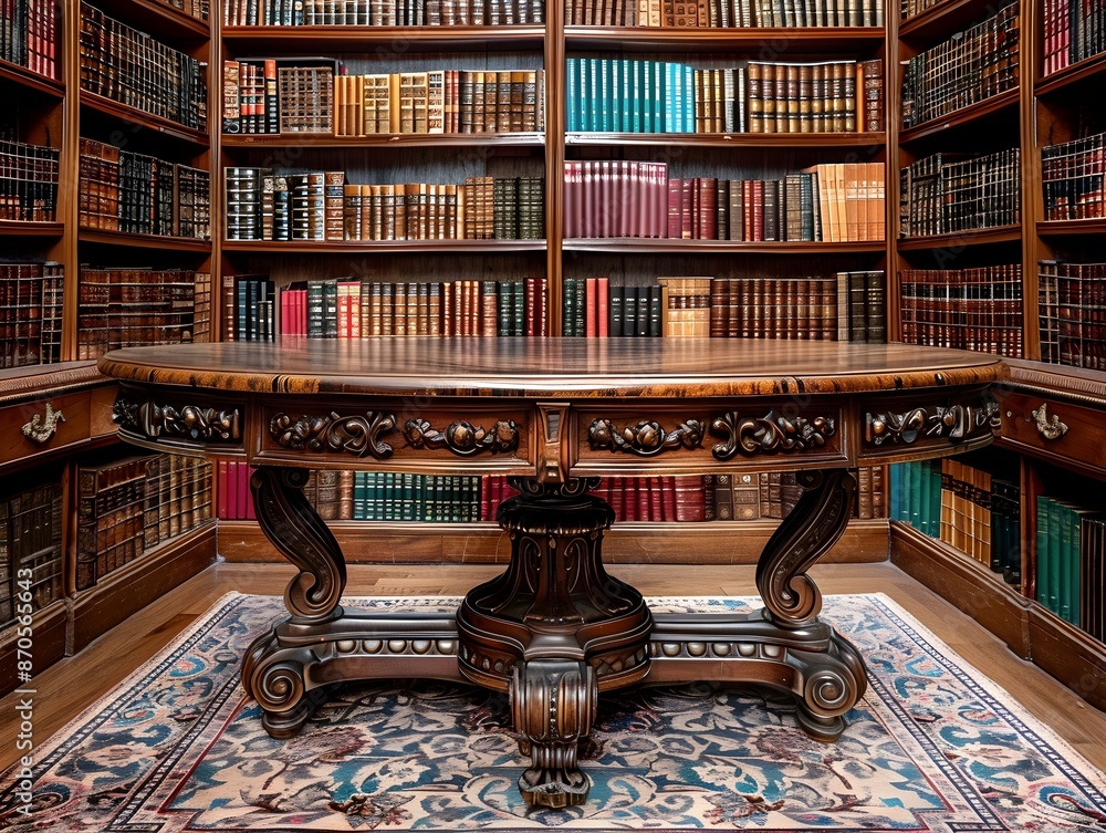 Poster carved mahogany table in classic library surrounded books empty display concept