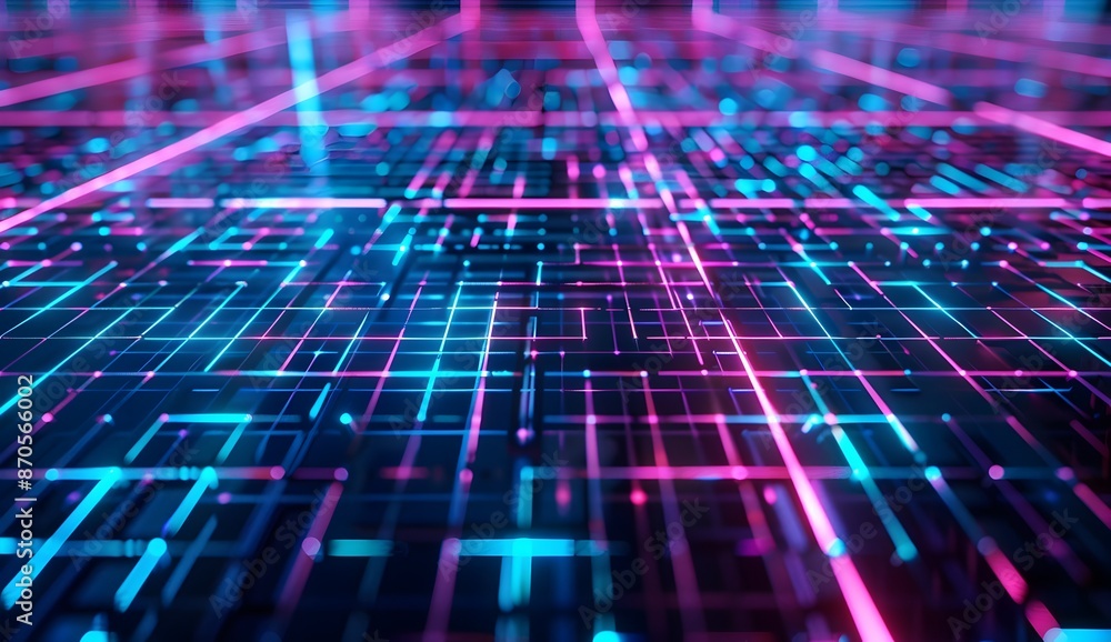 Poster a close-up of an abstract, geometric pattern composed of digital lines and mesh patterns seen in web