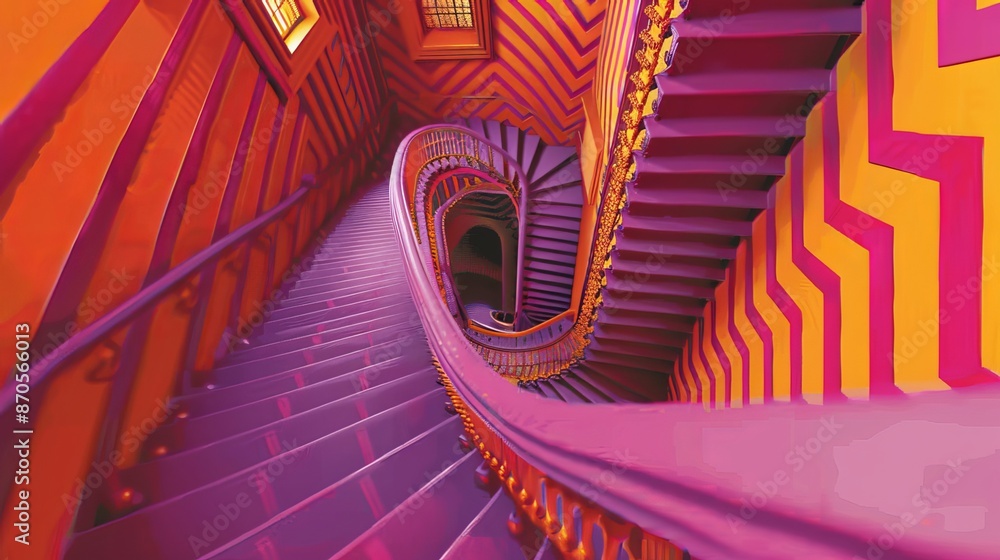 Poster abstract spiral with geometric shapes in neon pink and violet create an optical illusion against a p