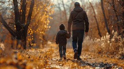 Man and Child Walking in Woods