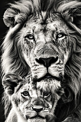 Black and white portrait of a lion and a cub