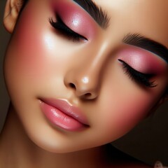 Eye Candy in Pink: A close-up of mesmerizing pink eye makeup on closed lids. generative AI