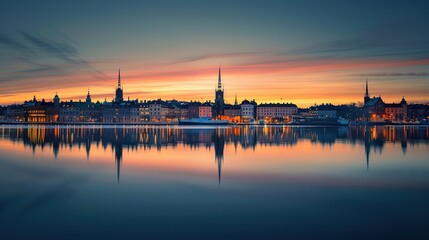 Fototapeta premium Stockholm's skyline at sunset with water reflections and a clear horizon for text 