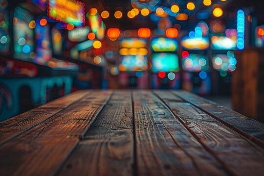 Blurred background of a lively arcade with colorful lights and games, creating a nostalgic and fun atmosphere. The foreground features a wooden table for copy space.
