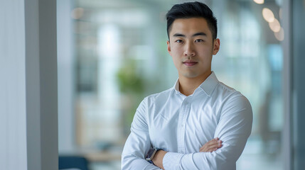 Fototapeta premium Confident young man in a white shirt with folded arms, standing in a modern office environment. Professional and business-related image.