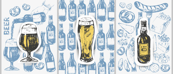 Vector beer illustration set. Beer bottles, glass, mug, snacks, hand holding beer bottle