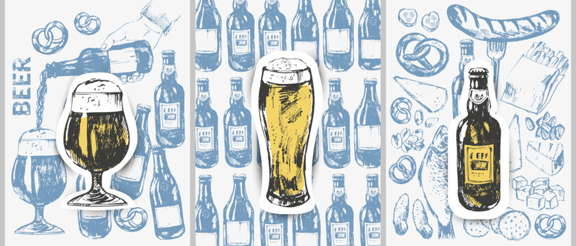 Vector beer illustration set. Beer bottles, glass, mug, snacks, hand holding beer bottle