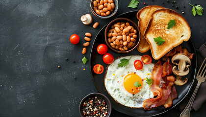 English breakfast - fried egg, beans, tomatoes, mushrooms, bacon and toast. Top view