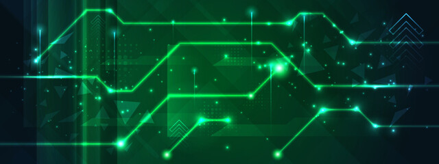 Fototapeta premium Digital neon lines horizontal landscape. Green light design for wallpaper, banner, poster, background.