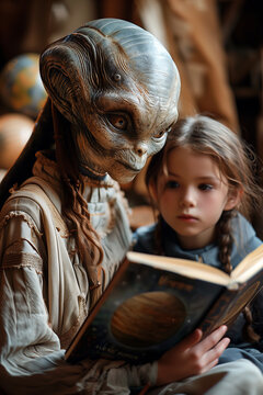A portrait of a friendly alien reading book with a human kid.