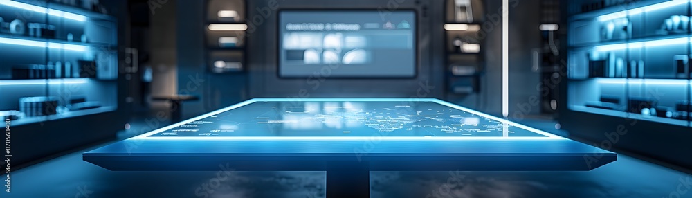 Poster digitally interactive table for product demos in tech store showroom