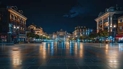 Illuminated Urban Serenity: Empty City Square at Night with Copy Space for Text, Buildings Aglow in Background