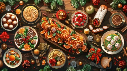 Thanksgiving Food and Dessert for party invitation, Christmas party celebration with dinner meal on table, Happy new year and Xmas scene, wooden table full of food and treats. 