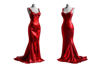 Elegant Red Satin Gown Mockup from Front and Back Views on Transparent Background