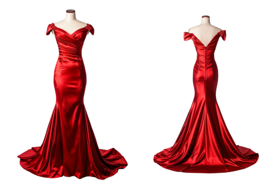 Elegant Red Evening Gown Mockup from Front and Back Views on Transparent Background