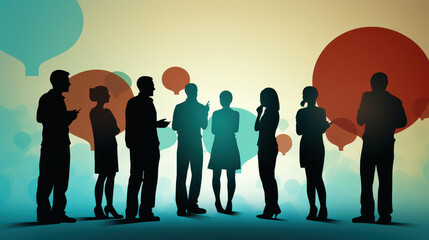 A modern and diverse group of people communicating through speech bubbles, promoting dialogue and understanding.