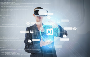 Businesswoman using AI generated while looking at holographic icon. Skilled project manager...