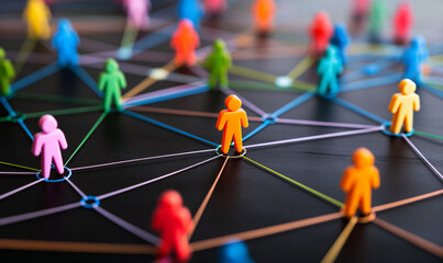 Colorful network of interconnected figures illustrating social media connections and interactions