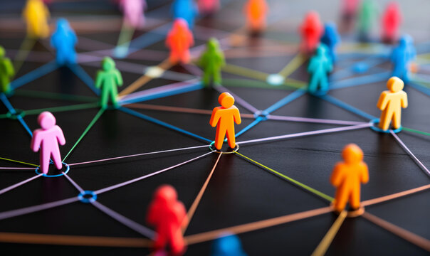 Colorful network of interconnected figures illustrating social media connections and interactions