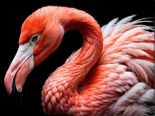 Flamingo in Black: A close-up portrait of a vibrant flamingo - pink plumage pops against a sleek black backdrop. generative AI