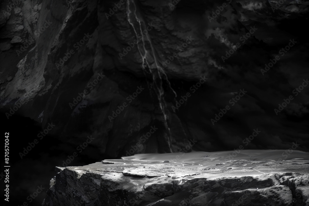 Poster Dramatic rock surface featuring a waterfall in shadow and textured patterns