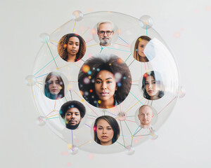 Connected network of diverse people's portraits inside transparent spheres with colorful connections, symbolizing global communication and social networks