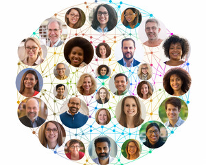 A diverse group of people connected in a circular network, representing global connectivity and community interaction