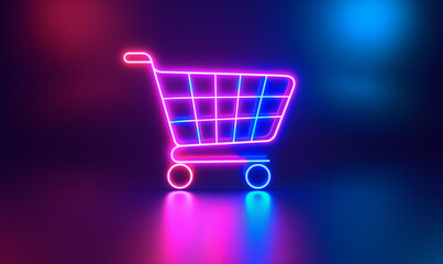 Neon shopping cart icon on a dark background with pink and blue glowing lights
