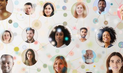 Network of diverse people portraits interconnected with colorful lines, representing social connections and community