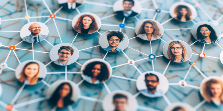 A diverse network of interconnected people portraits symbolizing social connections and professional networking - Powered by Adobe
