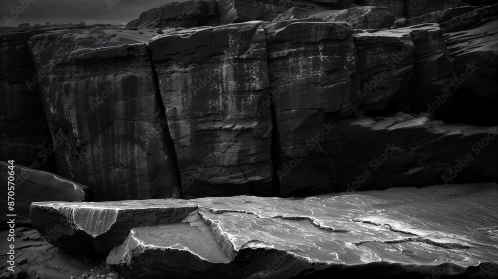 Poster Large rock formation with dramatic lighting creating a dark and moody scene