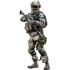 Military combat soldier outfitted with modern tactical gear and weapon, isolated on a transparent background