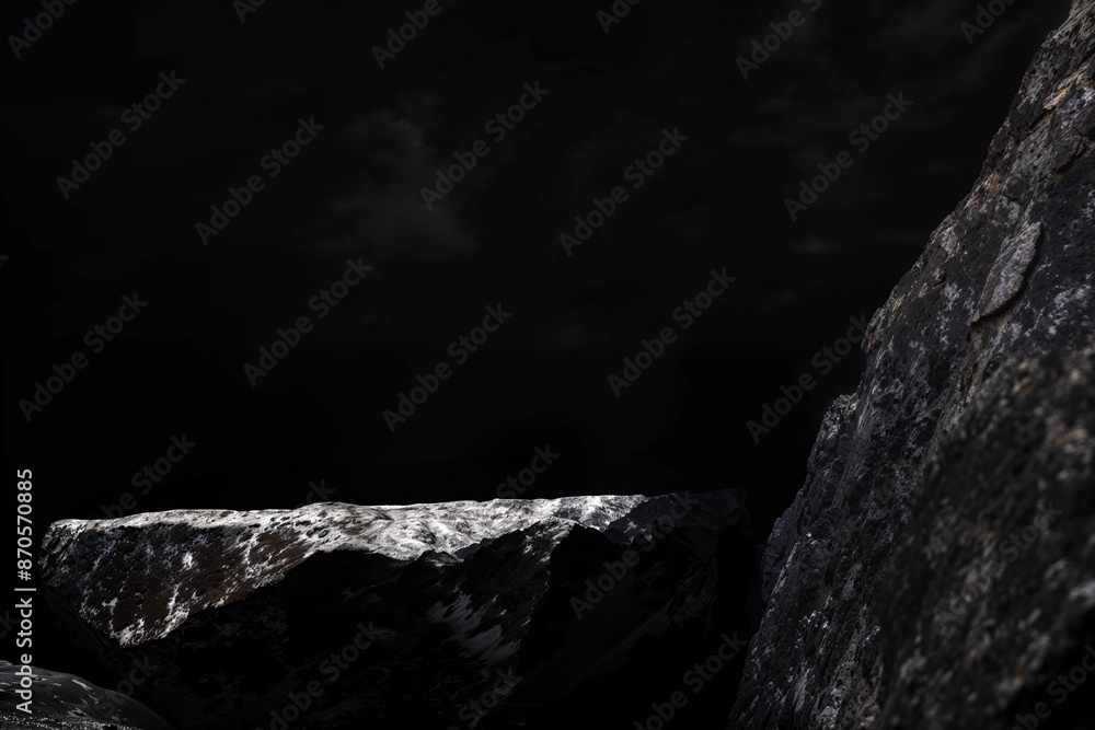 Poster Empty stone platform emerging from darkness with dramatic clouds, creating a mysterious and moody atmosphere