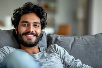 Obraz premium Happy mid adult man relaxing at home smiling on sofa.