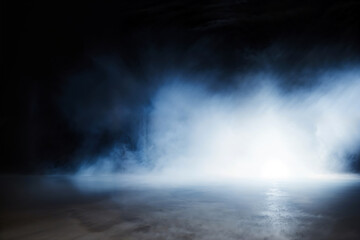 Fototapeta premium Empty concrete room with smoke or fog floating and a bright light behind, perfect for placing your product