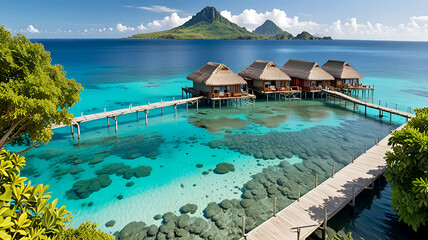 Obraz premium Island Paradise Over Water Bungalows - Generative AI