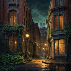 Fototapeta premium In a beguilingly enchanting cityscape, the crumbling buildings are adorned with ornate carvings and overgrown vines, hinting at a forgotten elegance.