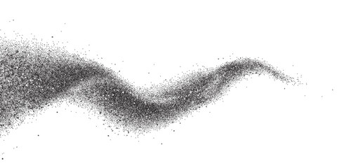 Grain noise wave of black sand grainy dust dots, vector background. Abstract grain noise wave with wavy tail spray splatter effect