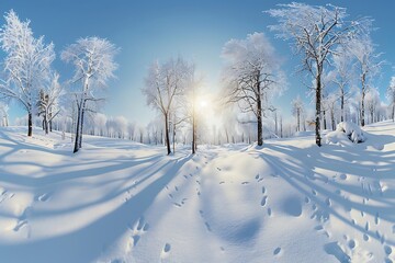 Obraz premium Winter landscape with snow covered trees and sun in the blue sky.