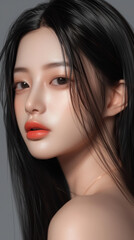 Obraz premium A girl with long black hair and lipstick posing with eerie realism, dao trong le style, k resolution, Chinese brushwork.