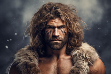 A powerful Stone Age man with massive muscles and a strikingly beautiful face, clad in fur loincloth.
