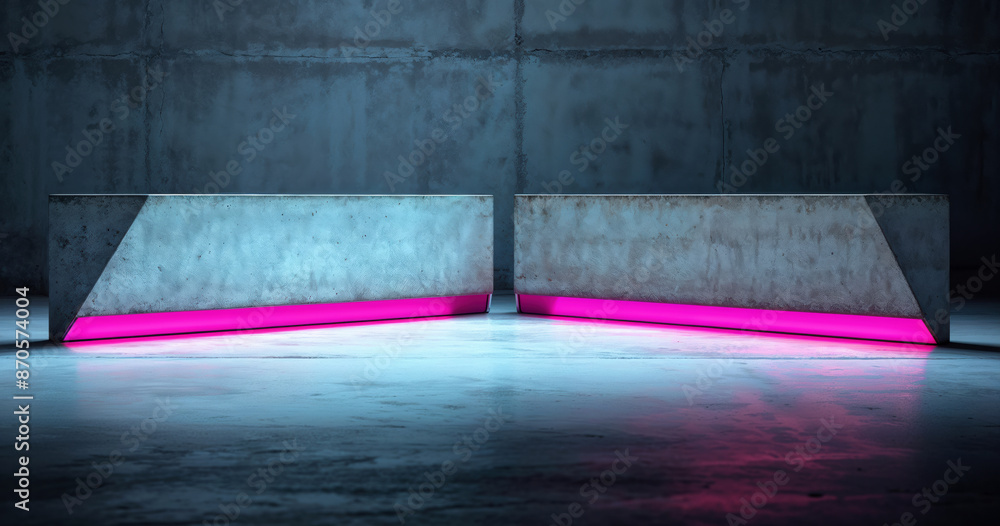Aufkleber empty concrete room with two blocks illuminated by pink neon lights providing copy space