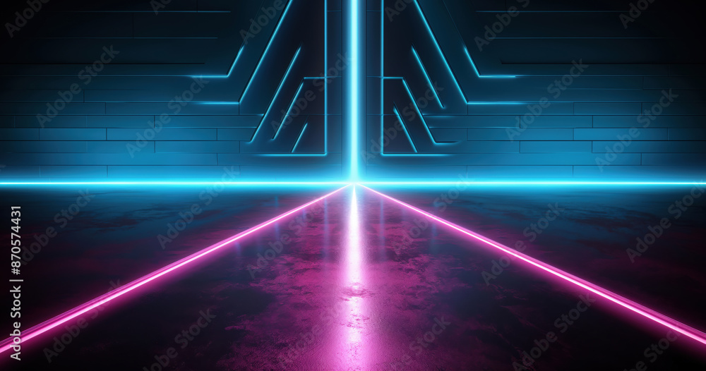 Poster Three lines of glowing neon light illuminating a dark empty room with triangle patterned walls
