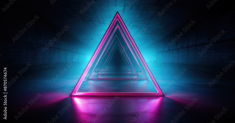 Poster glowing neon triangle tunnel creating a perspective illusion with blue and pink lights